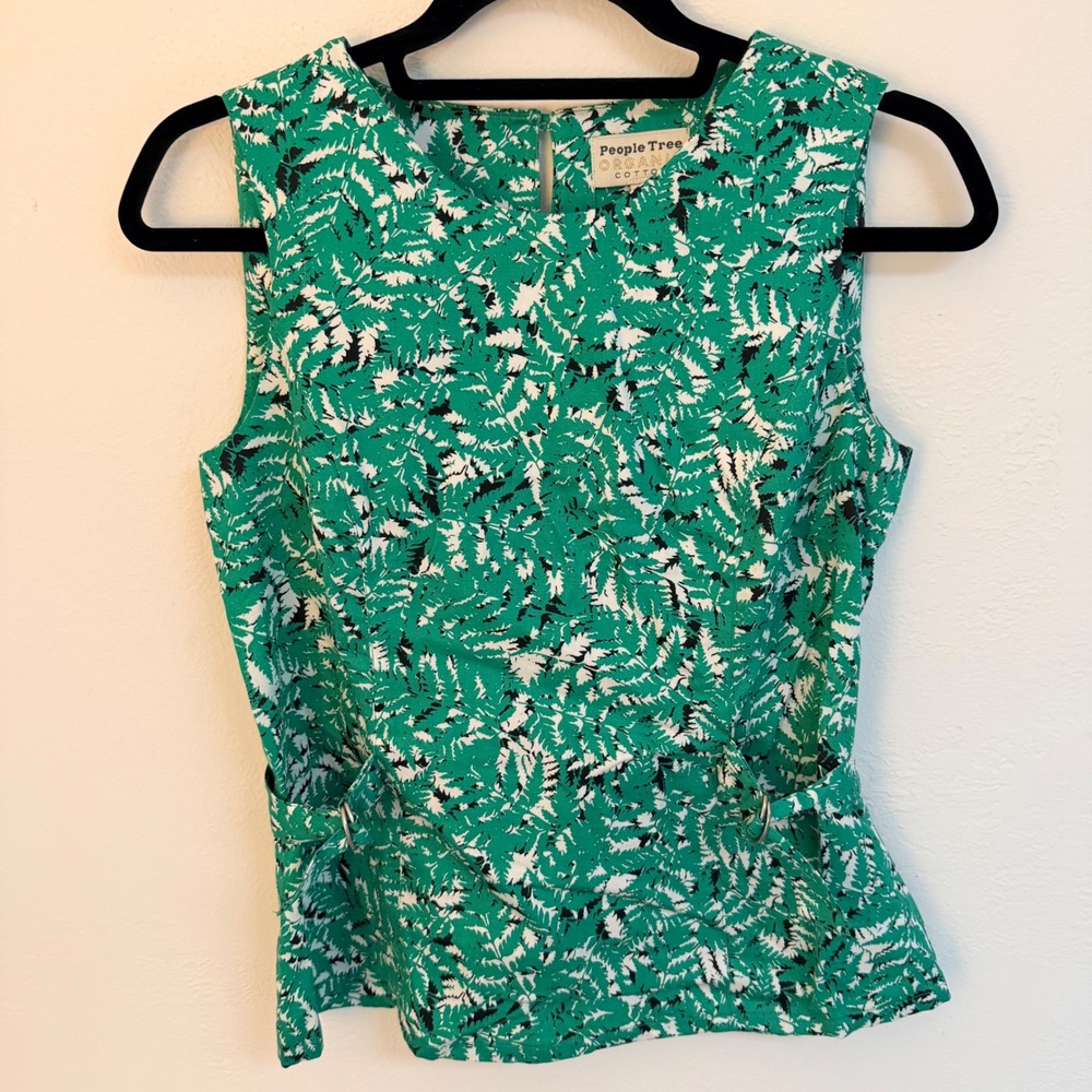 People‎ Tree Organic Cotton Green Fern Sleeveless Cinch Waist Top Women 8 Chic